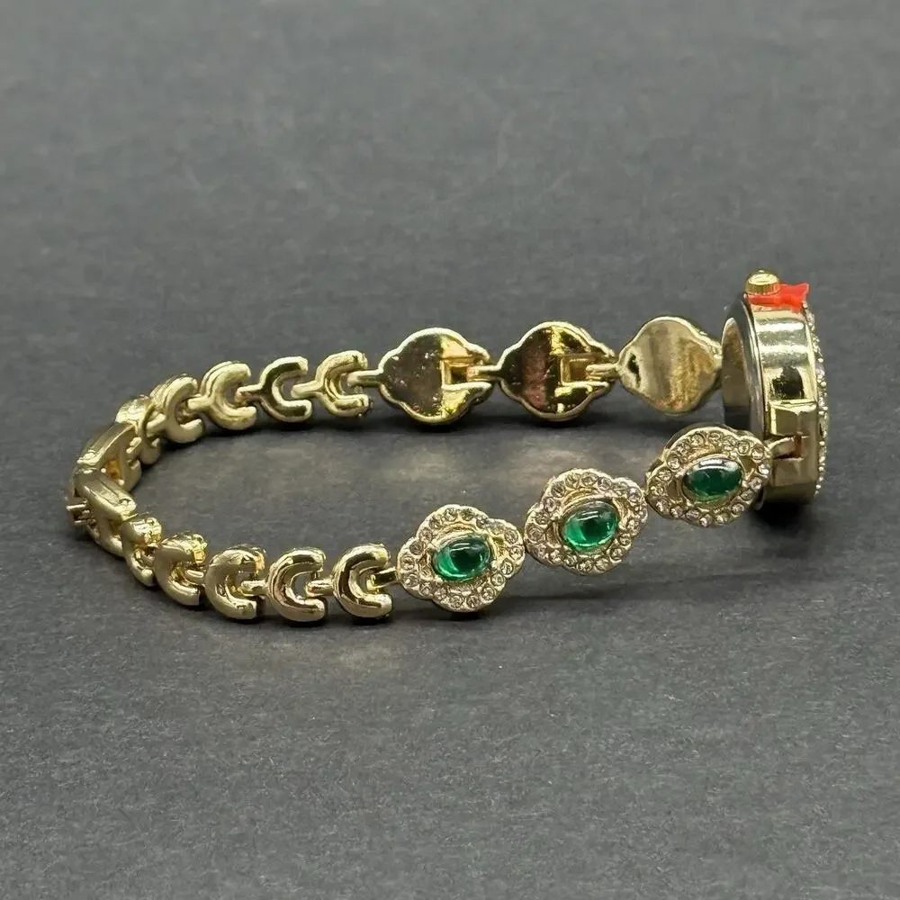 Gold Tone Clover Watch Bracelet Set 2 Pc Faux Emerald Jade Green Rhinestone NEW